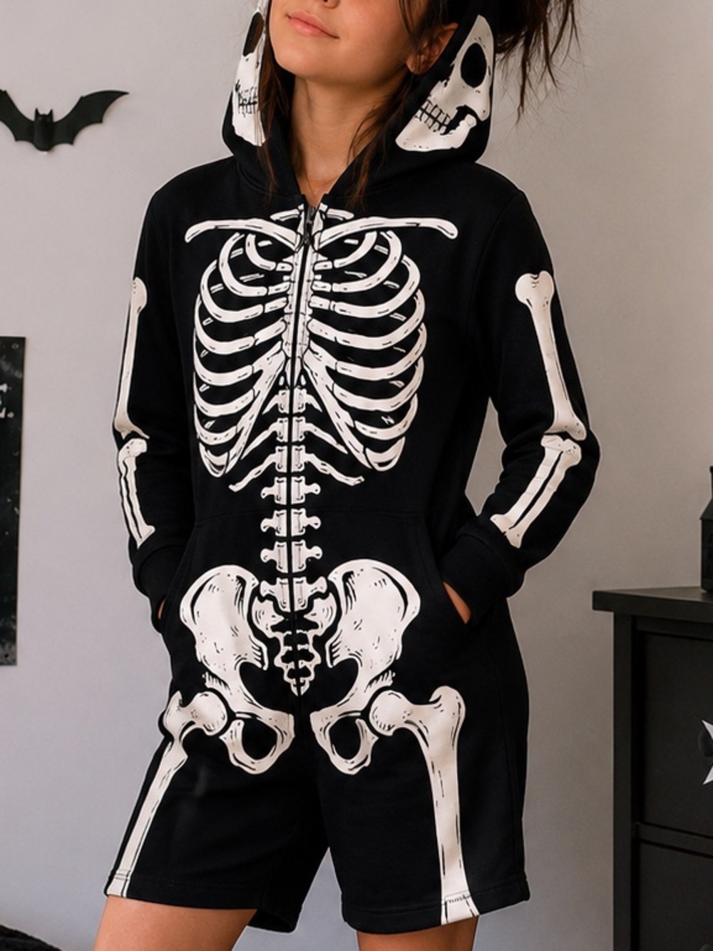 H&M Kids 10-12 Skeleton Romper Hoodie Black Full Zip Halloween Goth Costume